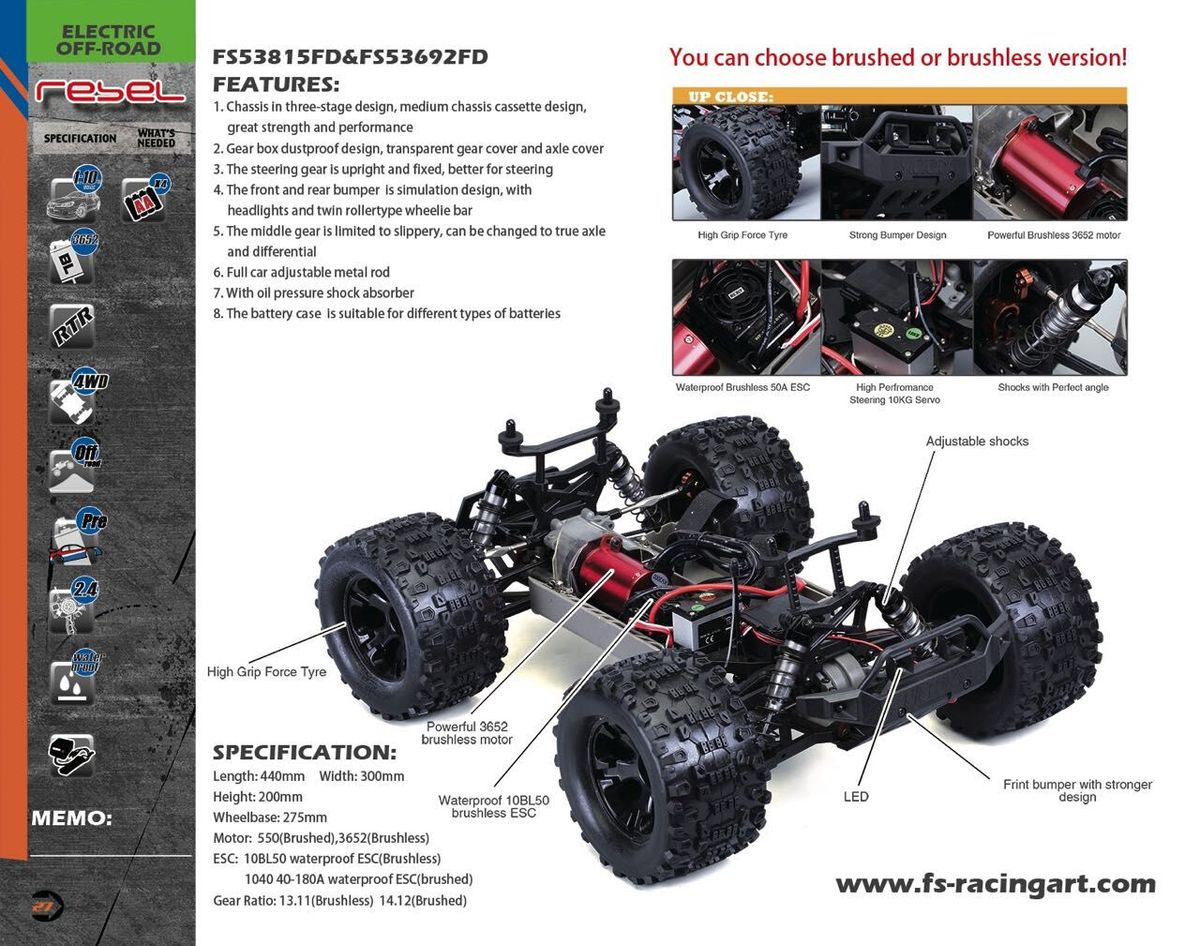 FS Racing Rebel 1/10 Børsteløs Monster Truck RTR